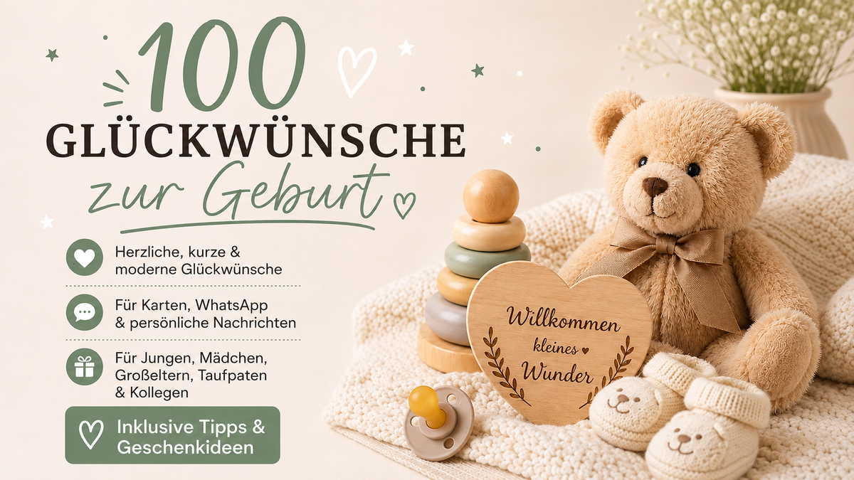 Google-Discovery-Bild zum Blogbeitrag 100 Glückwünsche zur Geburt mit Teddy, Holzherz und Babygeschenkideen