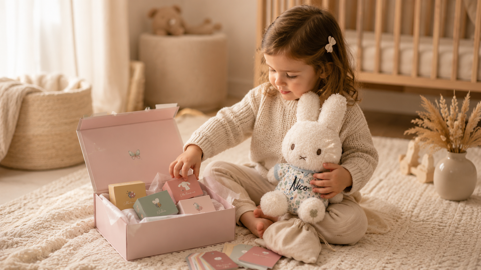 Großes Geschwisterkind mit personalisiertem Kuschelhasen und Geschenkbox als Geschenkidee zur Geburt eines Babys