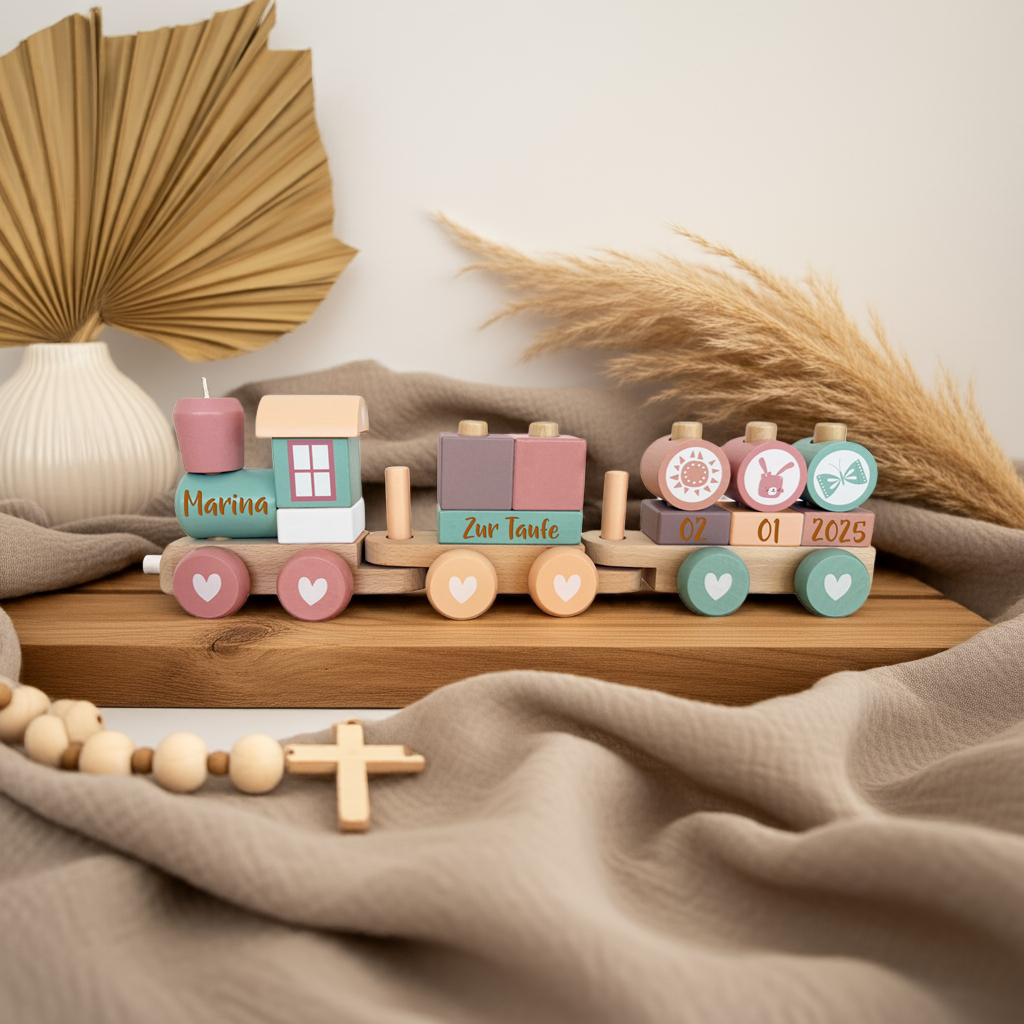 Train en bois personnalisé Adventure Rose - Cadeau de baptême