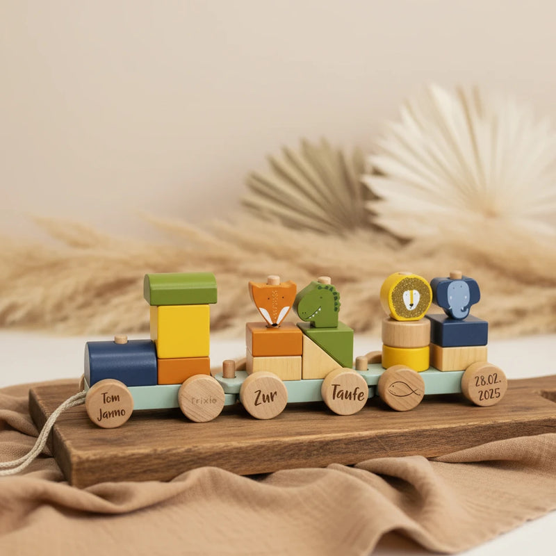 Personalisierter Holz-Zug Tier – Geschenk zur Taufe | Schmatzepuffer