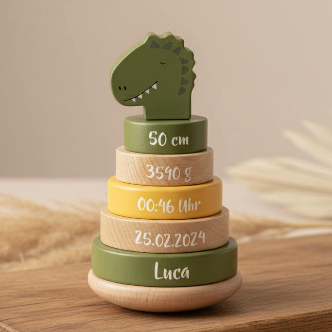 Personalisierter Holz Stapelturm Herr Dino – Geschenk zur Geburt | Schmatzepuffer