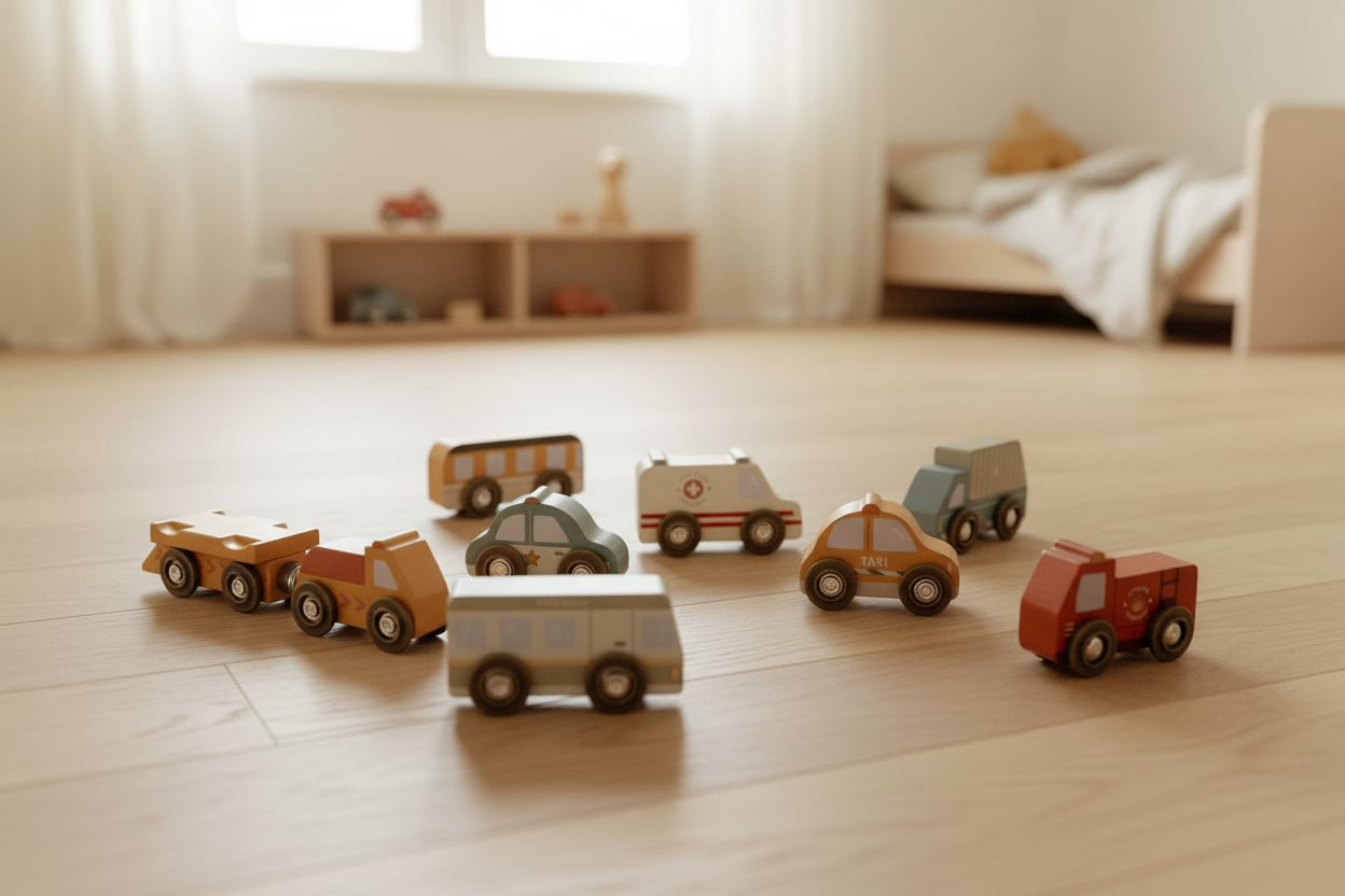 Wooden vehicle set for wooden railway – Fire brigade & Police | Schmatzepuffer