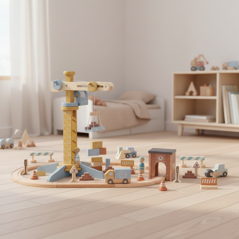 Wooden construction crane playset for wooden railway construction sites | Schmatzepuffer