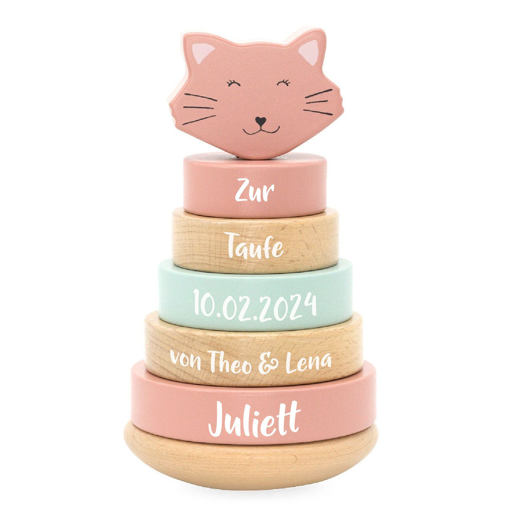 Stapelturm Holz Frau Katze – Geschenk zur Taufe | Schmatzepuffer