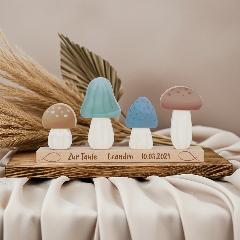 Personalisierte Stapel-Pilze Forest Friends – Geschenk zur Taufe | Schmatzepuffer