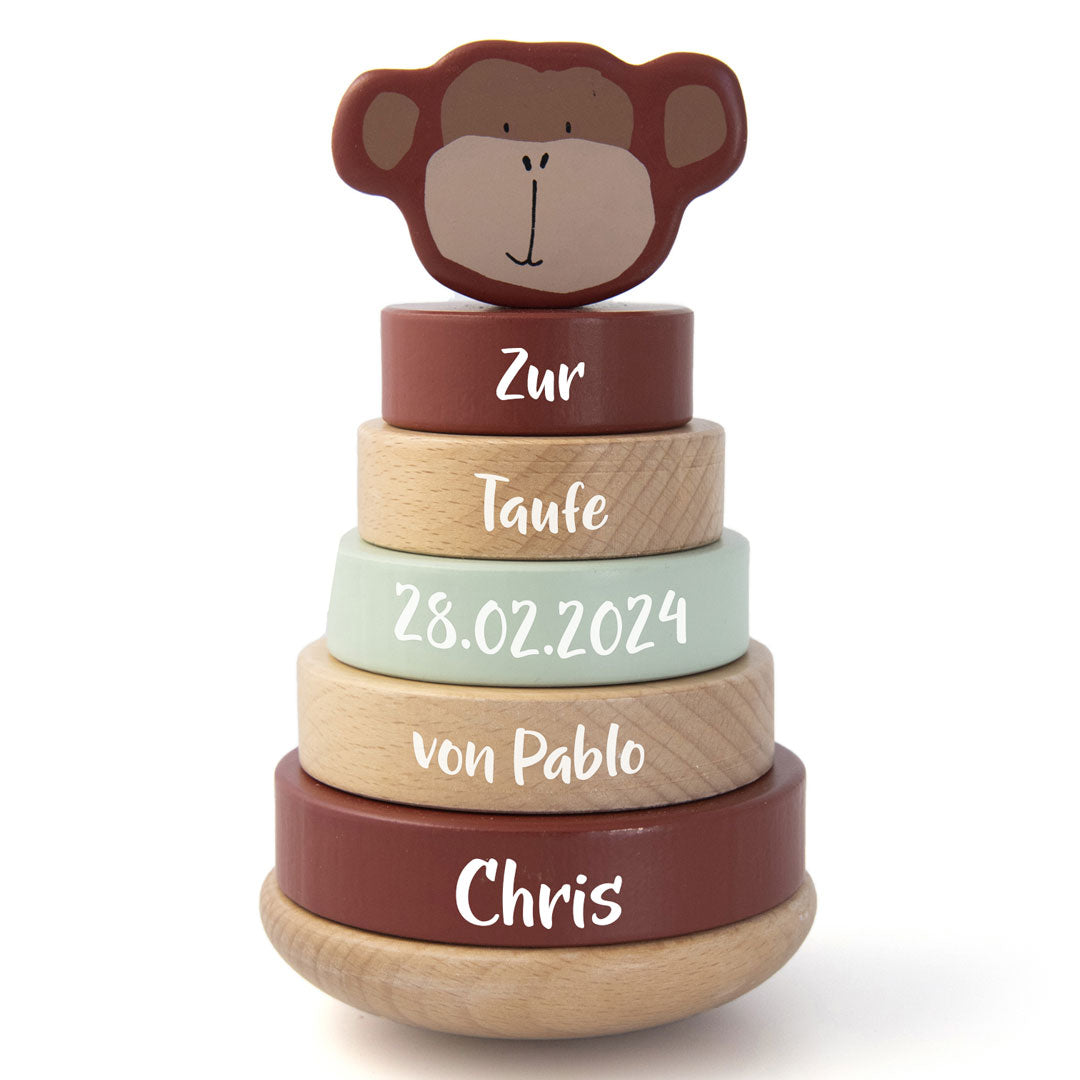 Stapelturm Holz Herr Affe – Geschenk zur Taufe | Schmatzepuffer