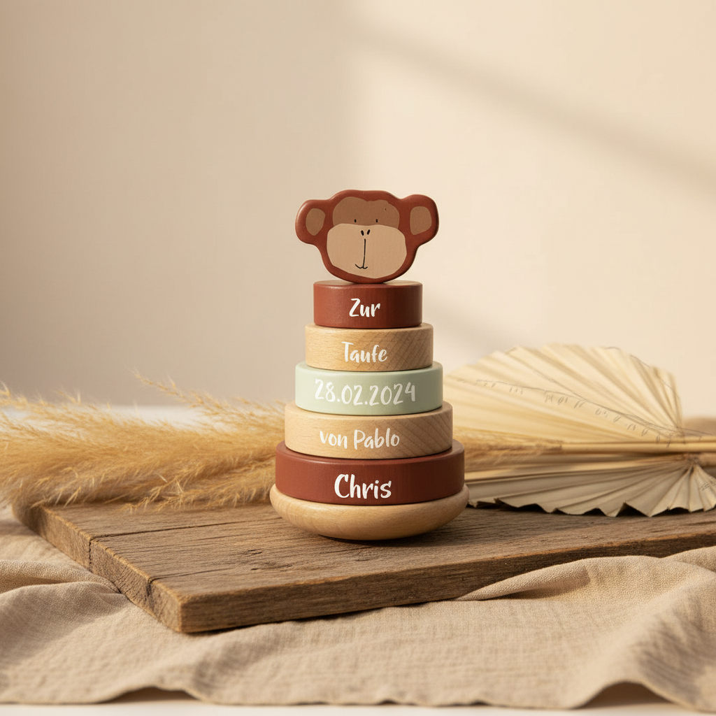 Stapelturm Holz Herr Affe – Geschenk zur Taufe | Schmatzepuffer