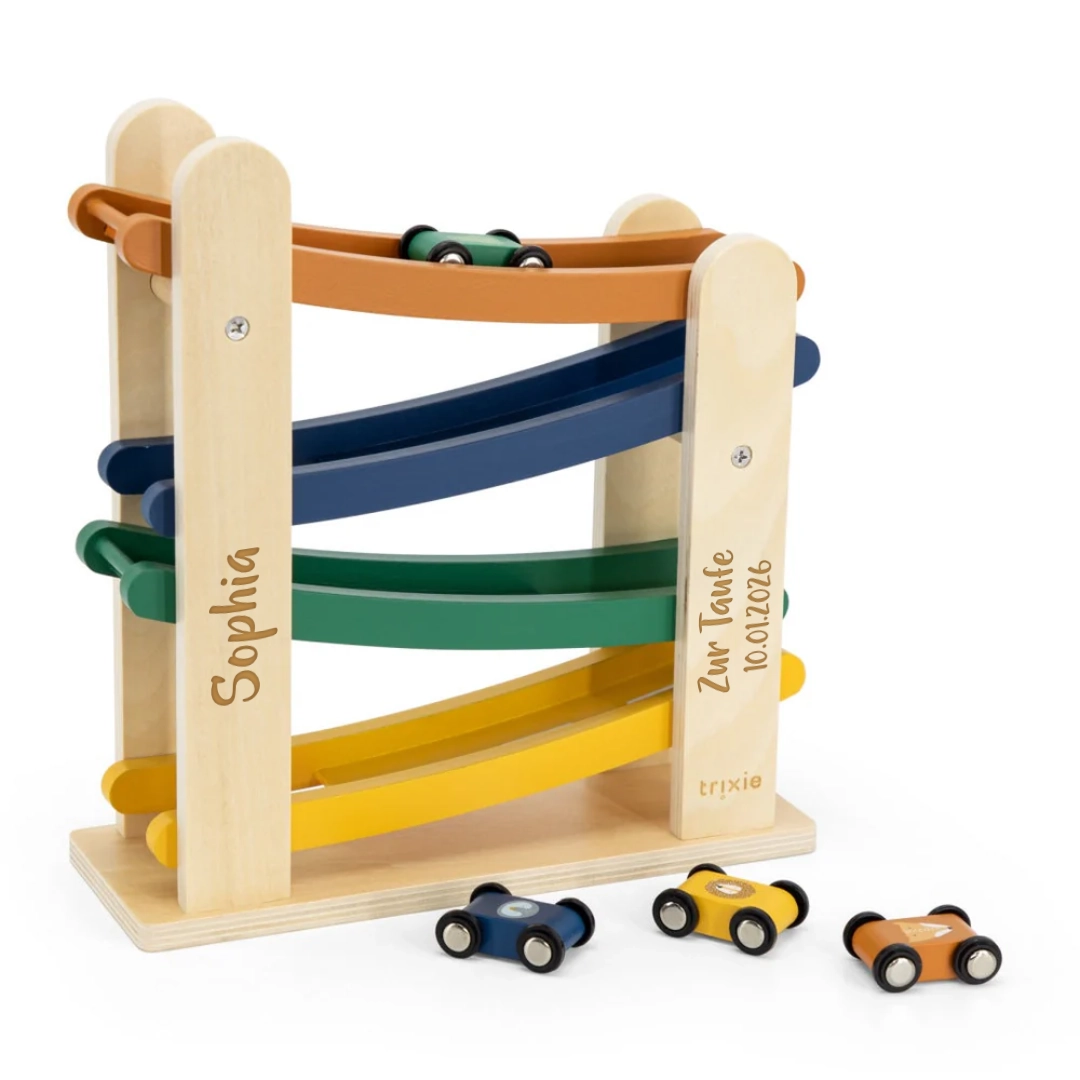 Kugelbahn Holz mit 4 Autos – Geschenk zur Taufe | Schmatzepuffer