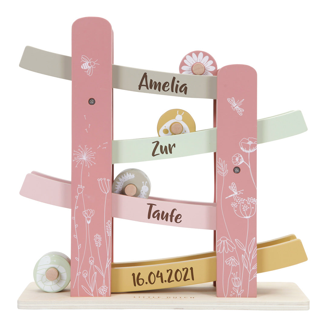 Little Dutch Holzrollbahn Wild Flowers in Rosa als personalisierbares Taufgeschenk