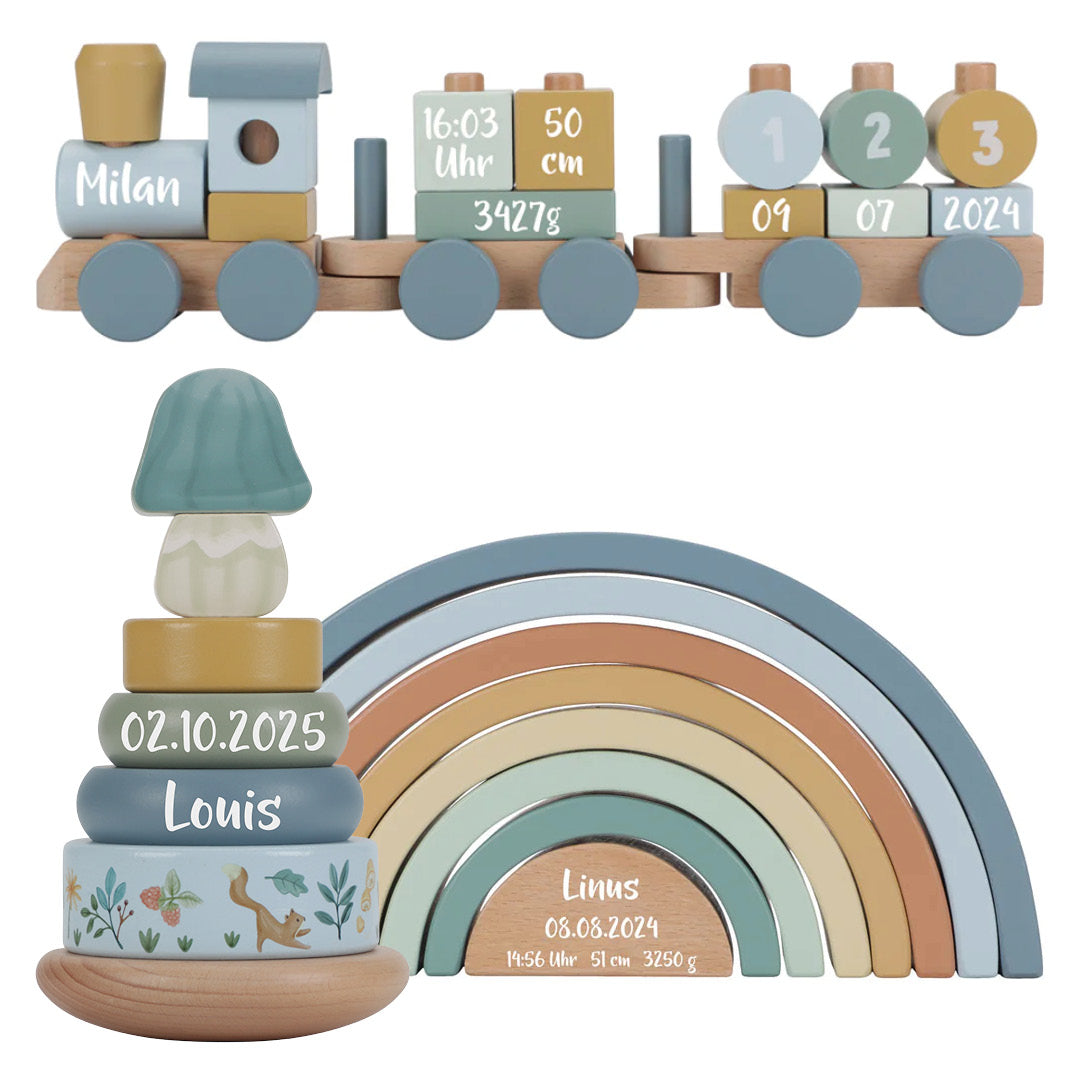Personalized Gift Set Wooden Train - Stacking Tower - Rainbow - Gift for Birth