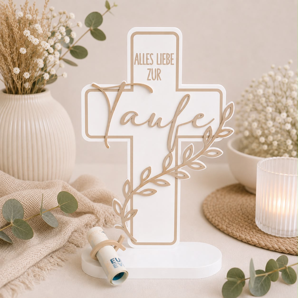 Personalisiertes Taufkreuz mit Namen in verschiedenen Farben