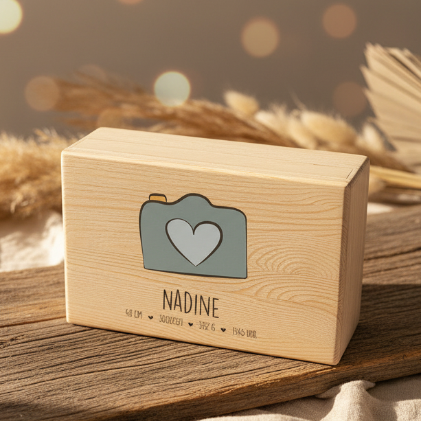 Boîte à souvenirs - Bois naturel - Personnalisée pour une naissance | Schmatzepuffer