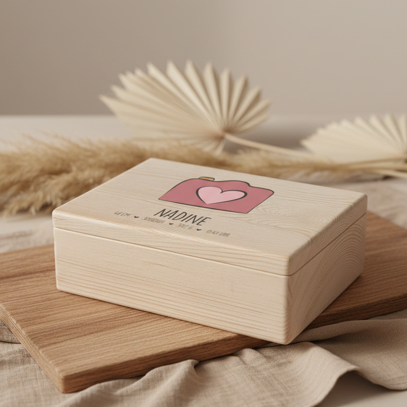 Boîte à souvenirs - Bois naturel - Personnalisée pour une naissance | Schmatzepuffer