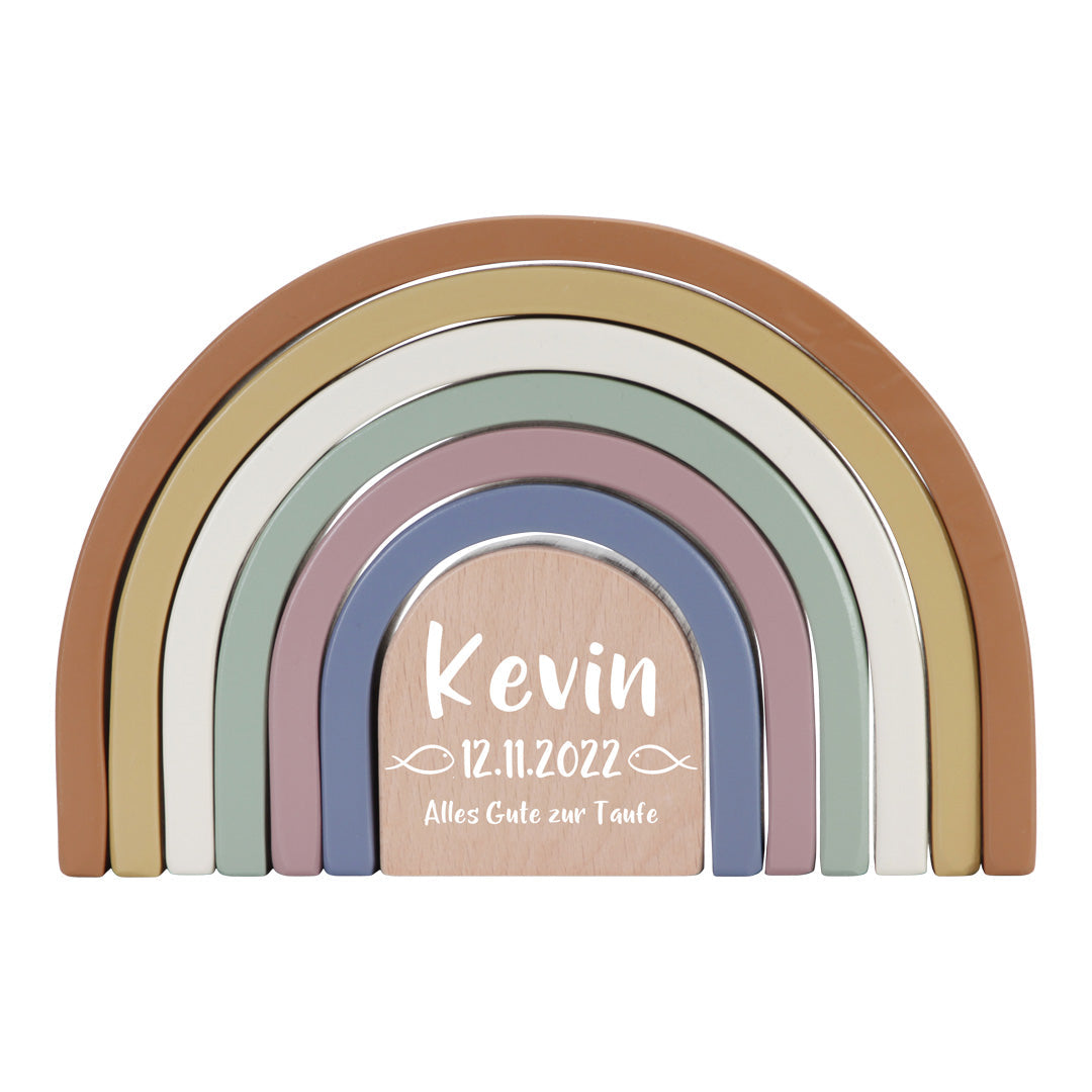 Personalisierter Stapelturm Regenbogen Vintage zur Taufe – Holz bedruckt | Schmatzepuffer