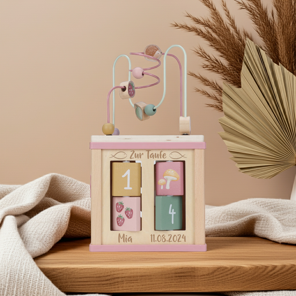 Cube d'activités Jardin des Fées en bois – Cadeau de baptême | Schmatzepuffer