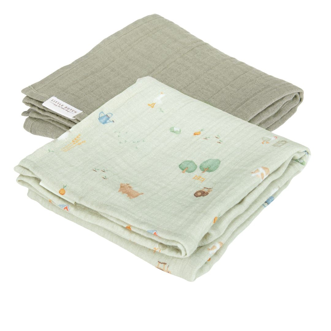 Langes en mousseline 70 x 70 Little Farm / Pure Olive | Little Dutch