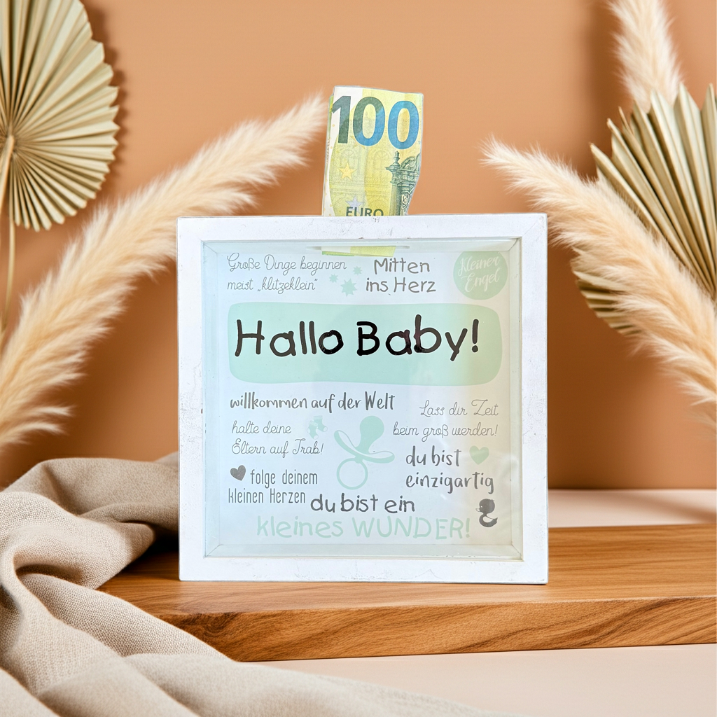Spardose Hallo Baby – Geldgeschenk zur Geburt | Schmatzepuffer