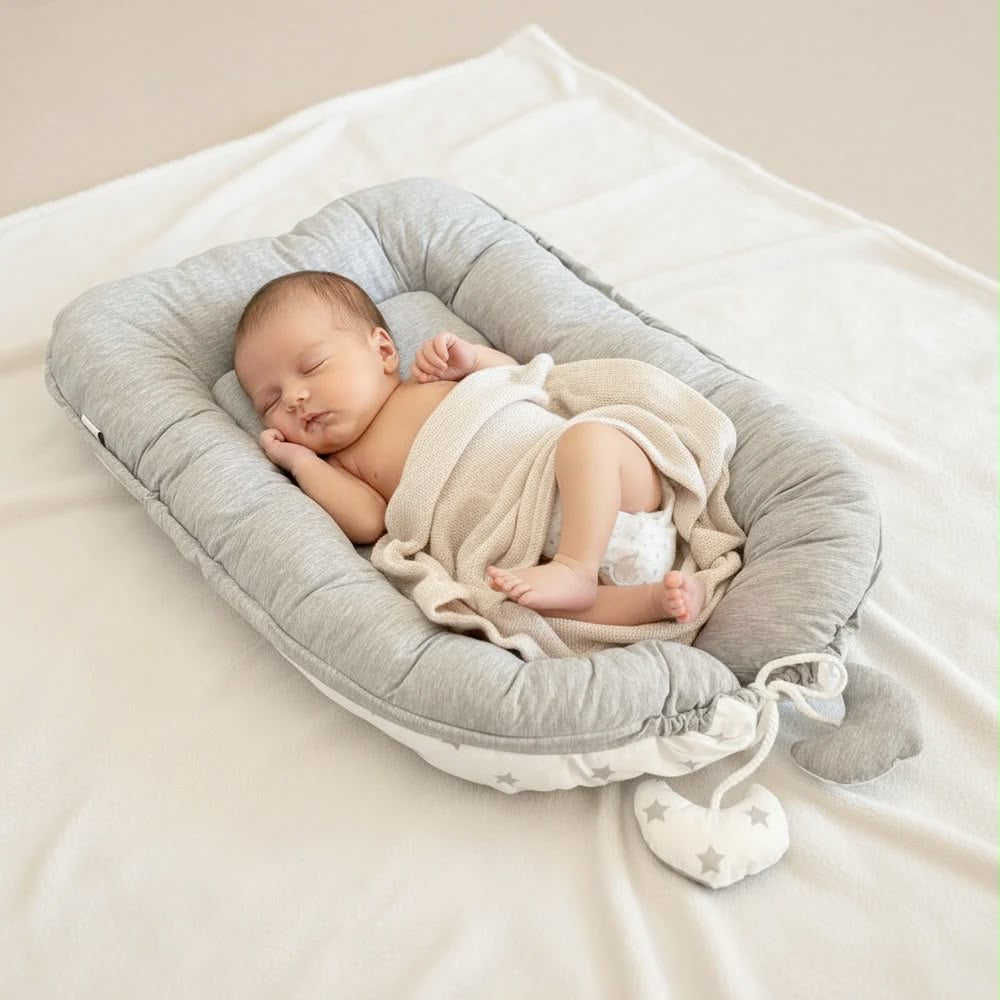 Schlafendes Baby im grauen Baby Bettnest von tiSsi in sanften Naturfarben – hochwertige Baby-Erstausstattung bei Schmatzepuffer