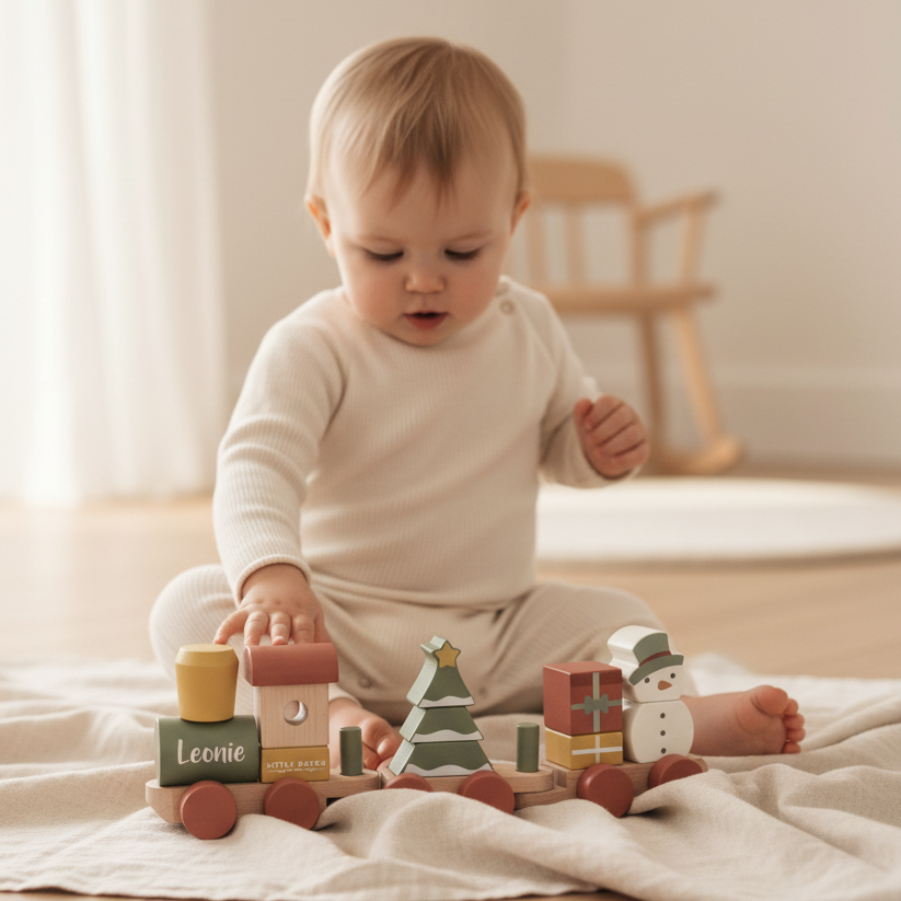 Baby mit personalisiertem Little Dutch Weihnachts-Holzzug mit Name, Tannenbaum und Schneemann