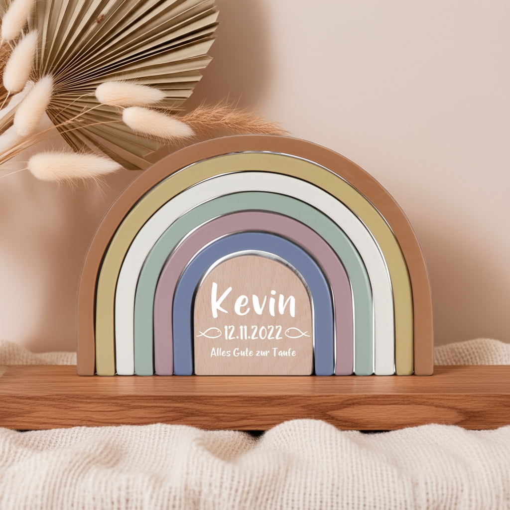 Personalisierter Stapelturm Regenbogen Vintage zur Taufe – Holz bedruckt | Schmatzepuffer
