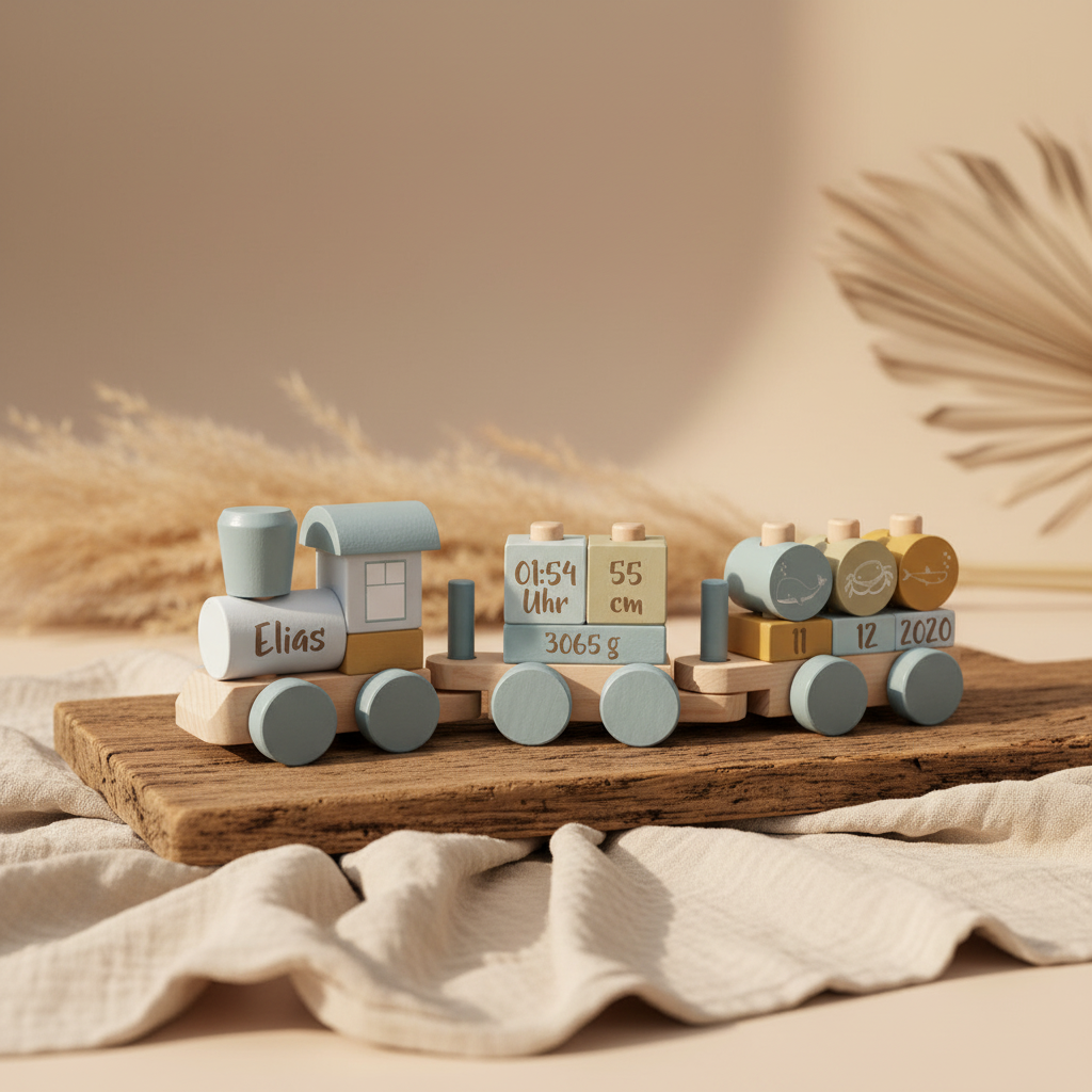 Blaue Holz-Eisenbahn personalisiert mit Name, Geburtsdatum, Geburtszeit, Größe und Gewicht auf hellem Stoff arrangiert