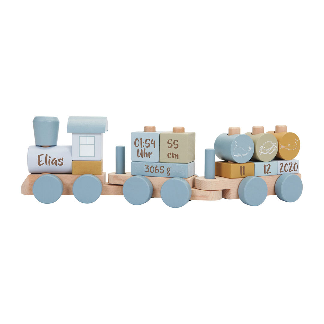 Holz-Zug mit individueller Personalisierung aus Name, Datum, Uhrzeit, Geburtsgewicht und Größe – Geschenk zur Geburt
