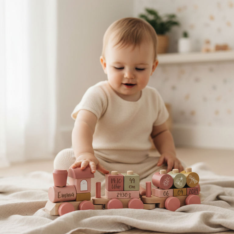 Kind spielt mit einem rosa personalisierten Holzzug mit Geburtsdaten – persönliches Holzgeschenk zur Geburt