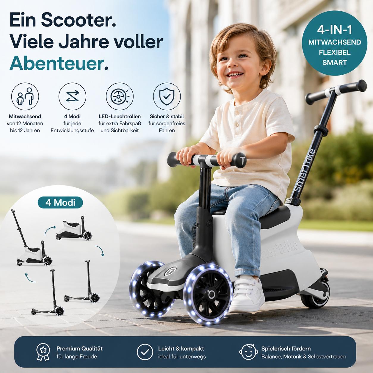 Kind fährt 4-in-1 Kinder Scooter mit Sitz, mitwachsend von 12 Monaten bis 12 Jahre, umbaubar mit LED Rädern für sicheren Fahrspaß