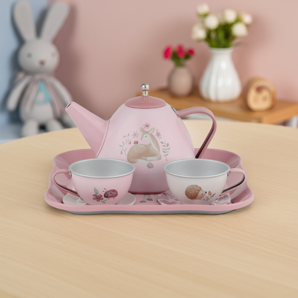 Kinder Tee Set aus Metall in Rosa mit liebevollen Waldtier Motiven, Teekanne, Tablett und Tassen fuer fantasievolle Rollenspiele und die Kinderkueche