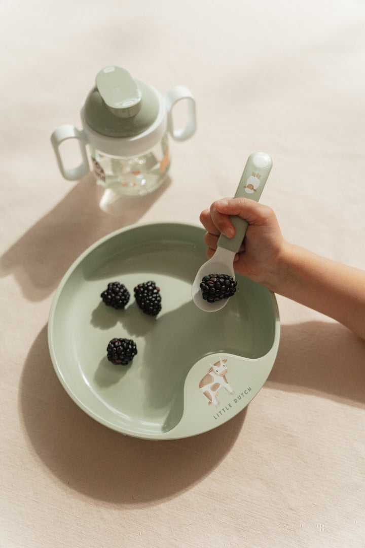 Kinder Lernloeffel Set mit Bauernhof Motiv fuer Babys und Kleinkinder zum selbststaendigen Essen lernen