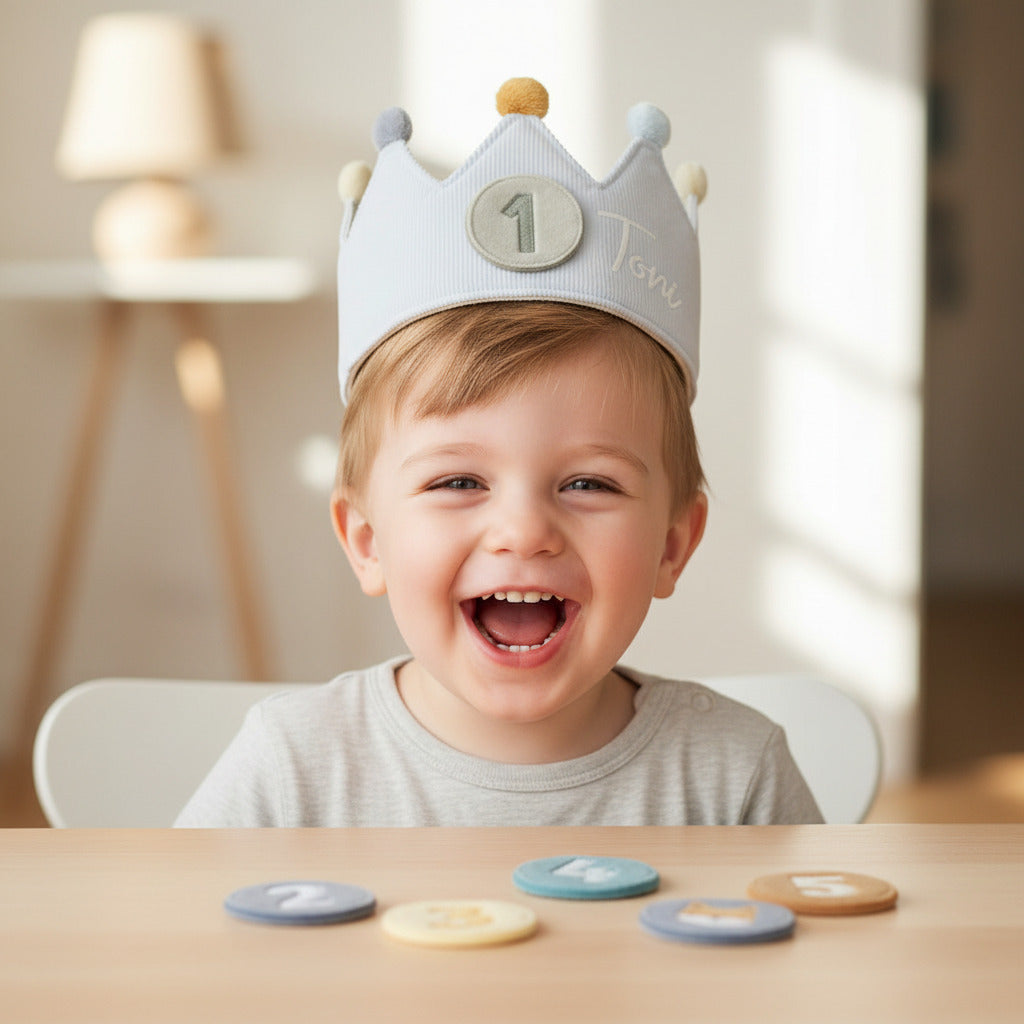 Kind feiert ersten Geburtstag mit personalisierter Krone – liebevolle Geschenkidee zum 1. Geburtstag