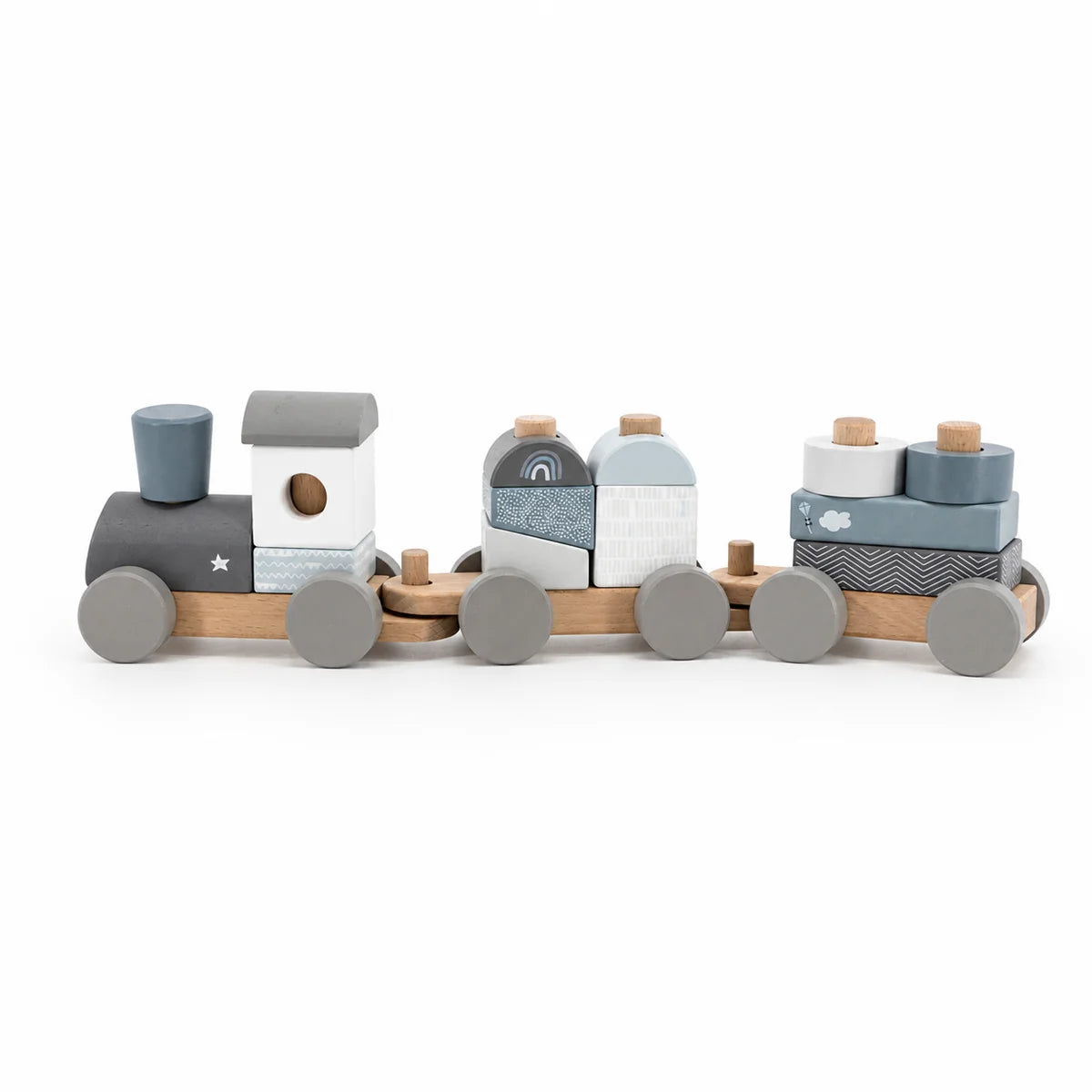 Personalisierter Stapelzug aus Holz in Blau von Label Label als Geschenk zur Geburt