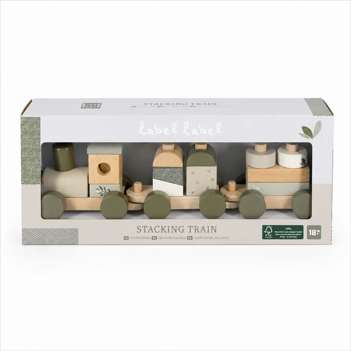 Geschenkidee zur Taufe – Label Label Stapelzug aus Holz in Olivgrün mit individueller Personalisierung
