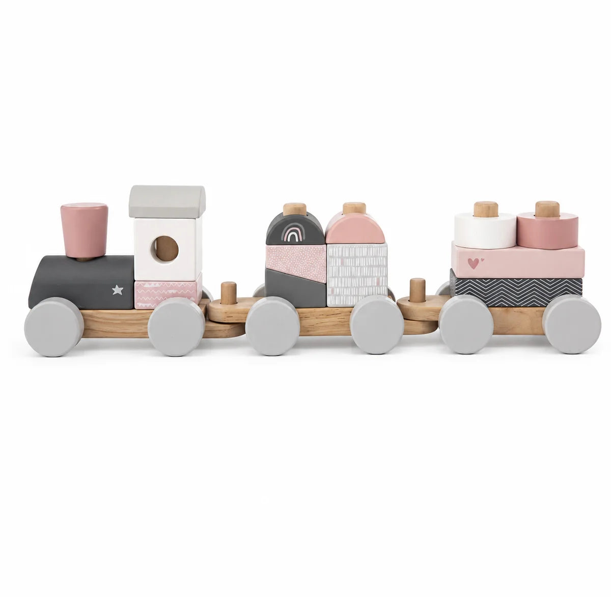 Personalisierter Holzzug aus Holz in Rosa mit Name, Geburtsdaten und Wunschgravur