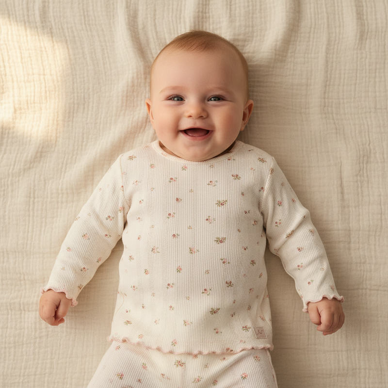 Little Dutch Baby-Pyjama Fairy Blossom in Weiß – zweiteiliges Set mit feinen rosa Blüten und Pointelle-Struktur
