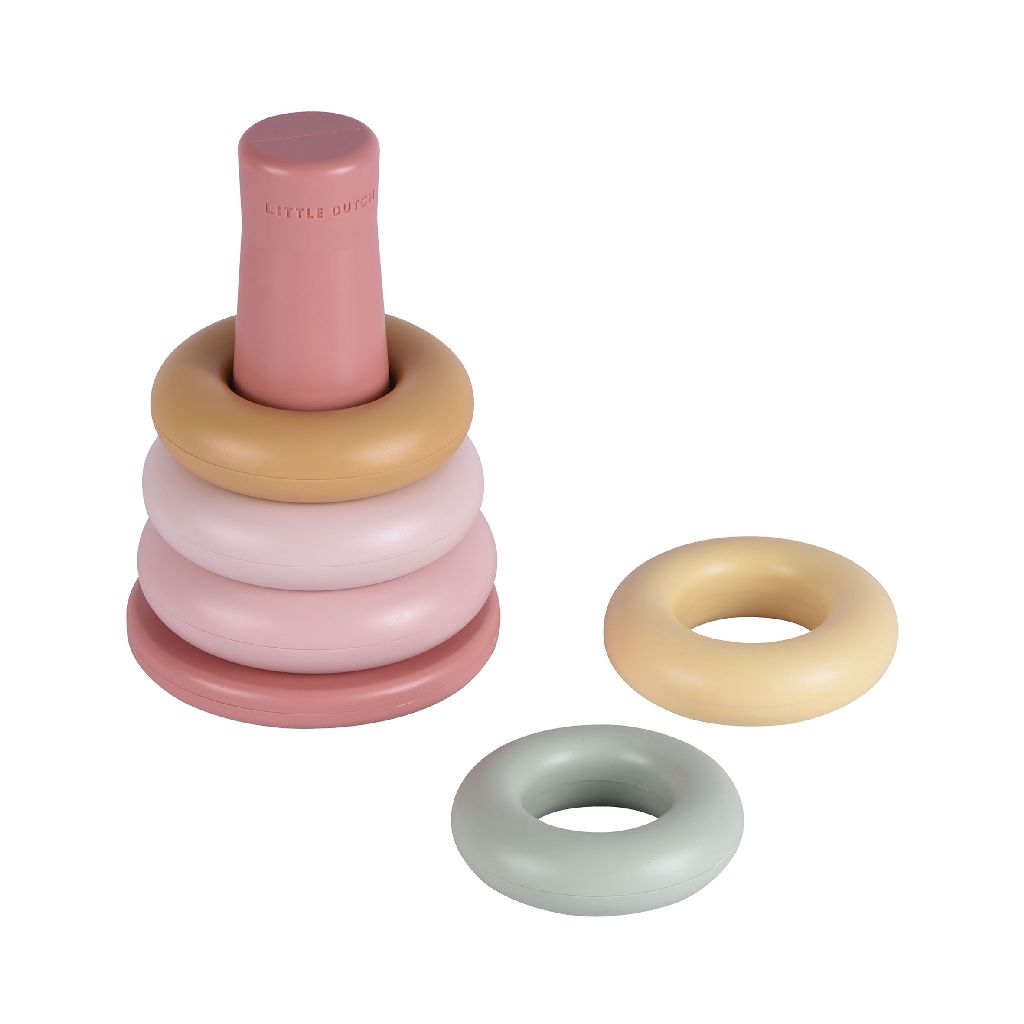 Little Dutch Stapelringe Pink mit einzelnen Ringen neben dem Stapelturm – Babyspielzeug zum Greifen, Sortieren und Stapeln