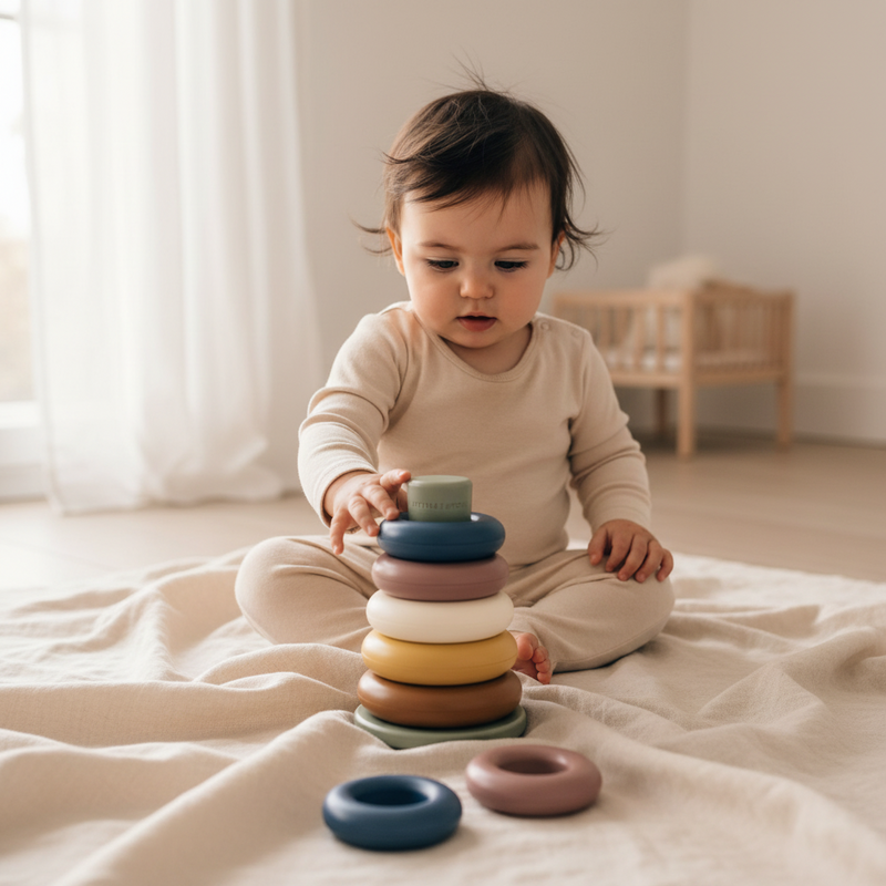 Baby spielt mit Little Dutch Stapelringen Vintage ab 6 Monaten – Motorikspielzeug zum Greifen, Sortieren und Stapeln