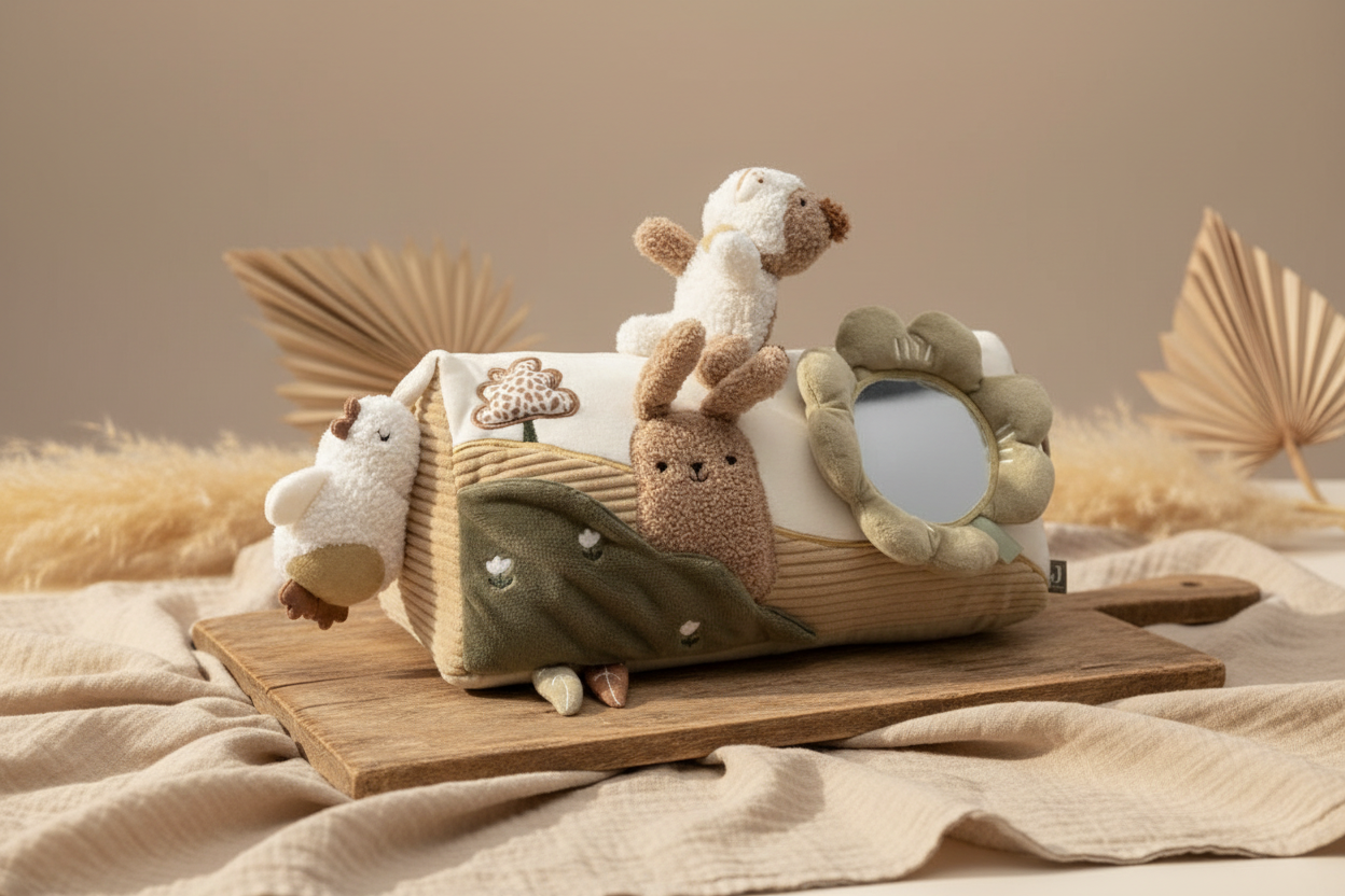 Baby Aktivitätsdreieck mit Spiegel und verschiedenen Spielelementen zur Förderung der Sinneswahrnehmung und motorischen Entwicklung im Babyzimmer