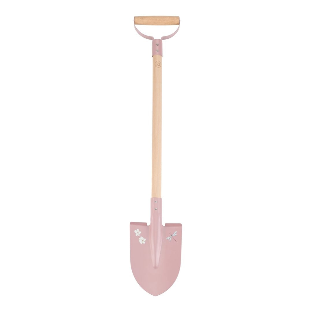 Personalisierte Kinderschaufel in Rosa mit Namen auf dem Holzgriff – hochwertiges Gartenwerkzeug aus Holz und Metall für Kinder ab 3 Jahren. Ideal für Garten, Sandkasten und Strand, individuell personalisiert bei Schmatzepuffer.
