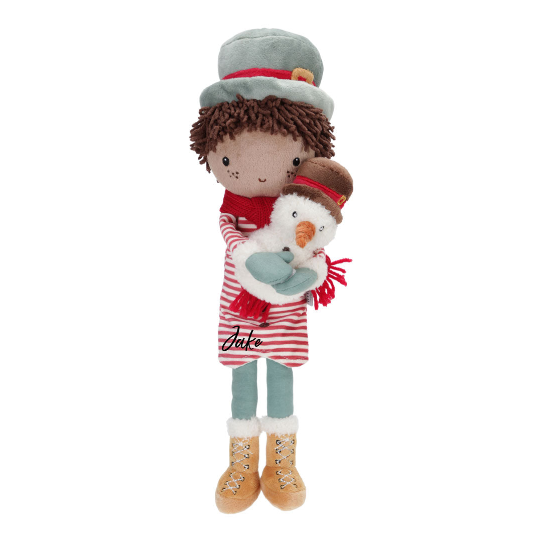 Personalisierte Stoffpuppe im Weihnachtsdesign mit Schneemann – liebevolles Geschenk für Kinder zur Geburt oder Weihnachten