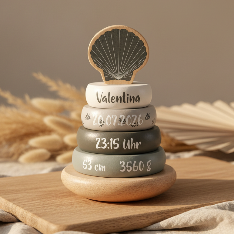 Personalisierter Holz-Stapelturm mit Muschel, Name, Geburtsdatum, Uhrzeit, Größe und Gewicht – individuelles Geschenk zur Geburt.
