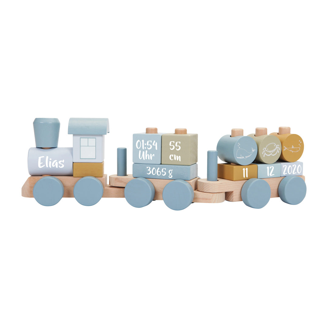 Personalisierter Holz-Zug in Blau mit Lokomotive und zwei Waggons – individuelles Babygeschenk mit kompletten Geburtsdaten