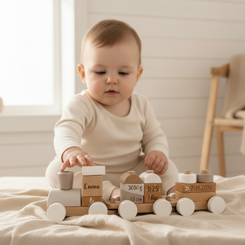 Baby spielt mit personalisiertem Holzzug zur Geburt mit Name Emma und Geburtsdaten – individuelles Geschenk zur Geburt
