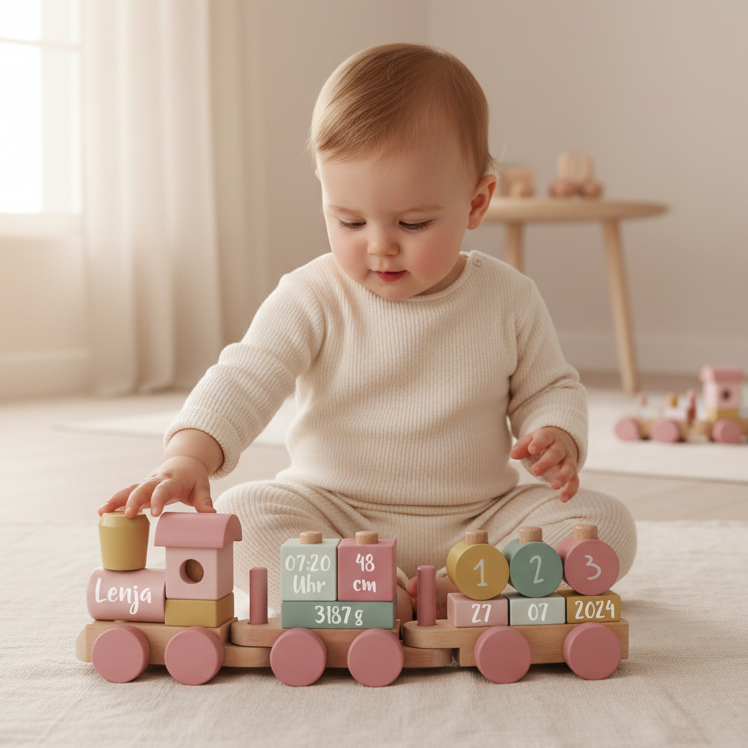 Baby spielt mit einem personalisierten Holzzug zur Geburt mit dem Namen Lenja sowie Geburtsdatum, Uhrzeit, Größe und Gewicht in Rosa und Naturholz.