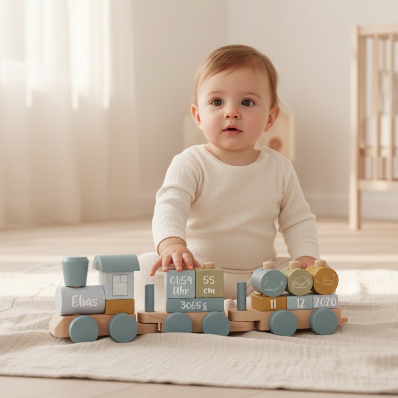 Baby mit personalisiertem Holz-Zug in Blau mit Name, Geburtsdatum, Uhrzeit, Gewicht und Größe – individuelles Geschenk zur Geburt