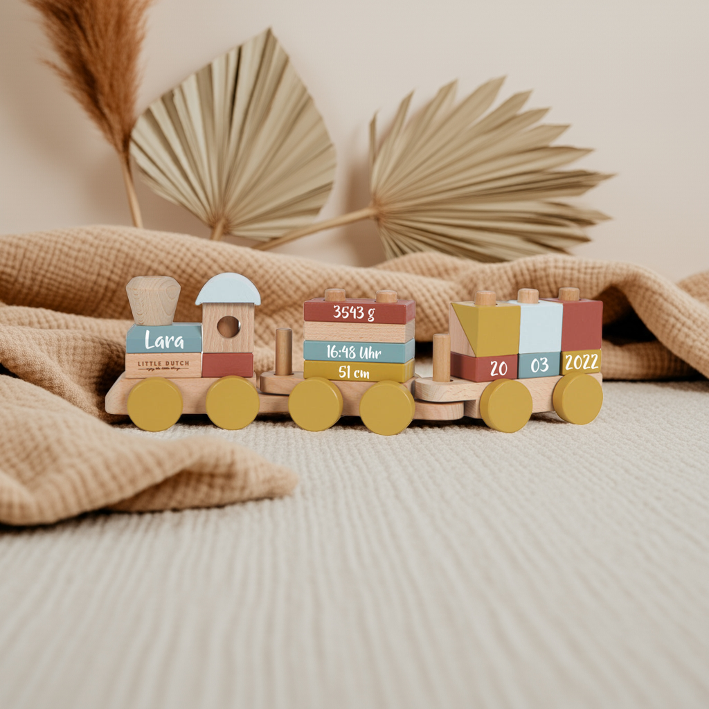 Personalisierter Holzzug mit Name, Geburtsdatum, Uhrzeit, Gewicht und Größe als individuelles Geschenk zur Geburt aus Holz