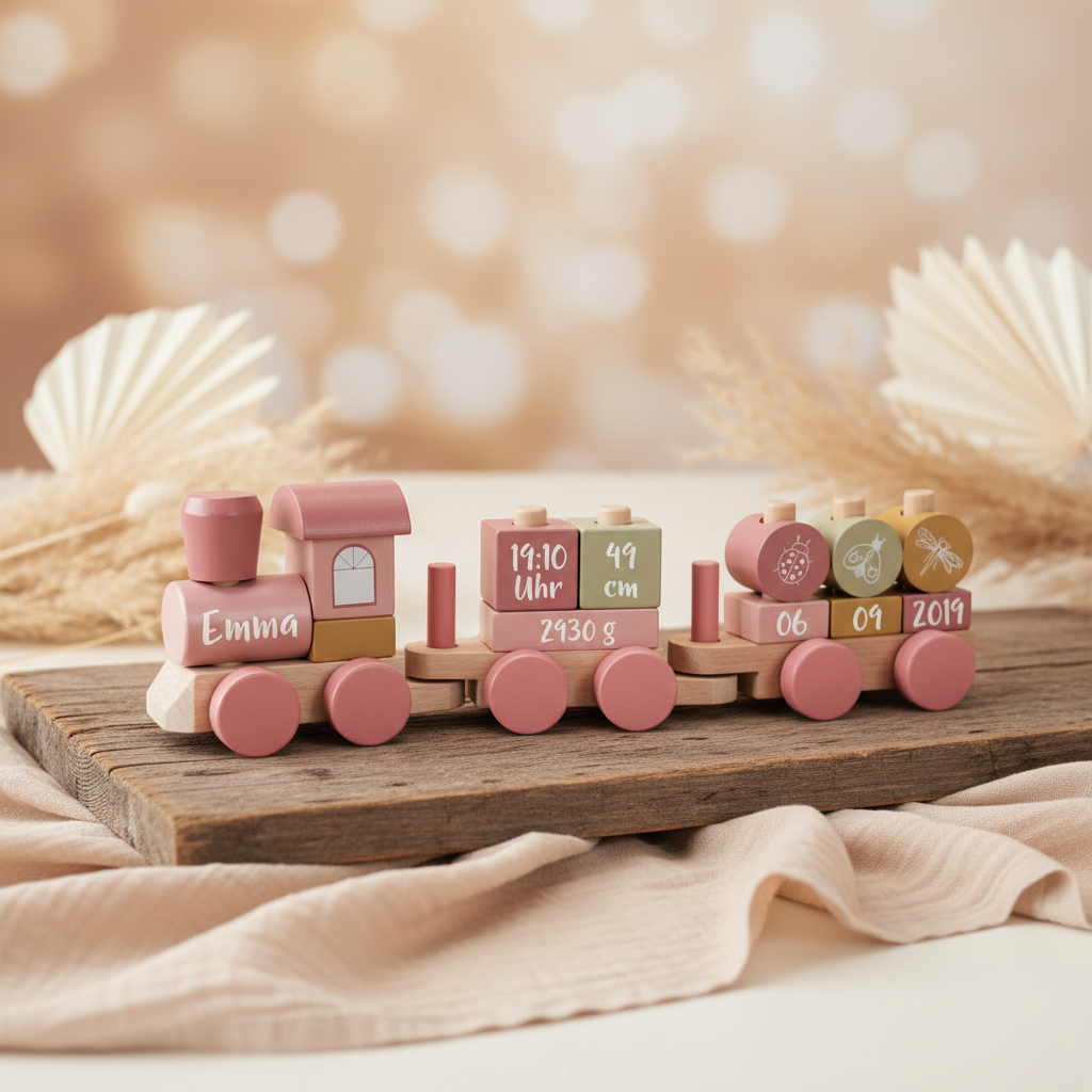 Personalisierter Holzzug in Rosa mit Name, Geburtsdatum, Uhrzeit, Gewicht und Größe als Geschenk zur Geburt