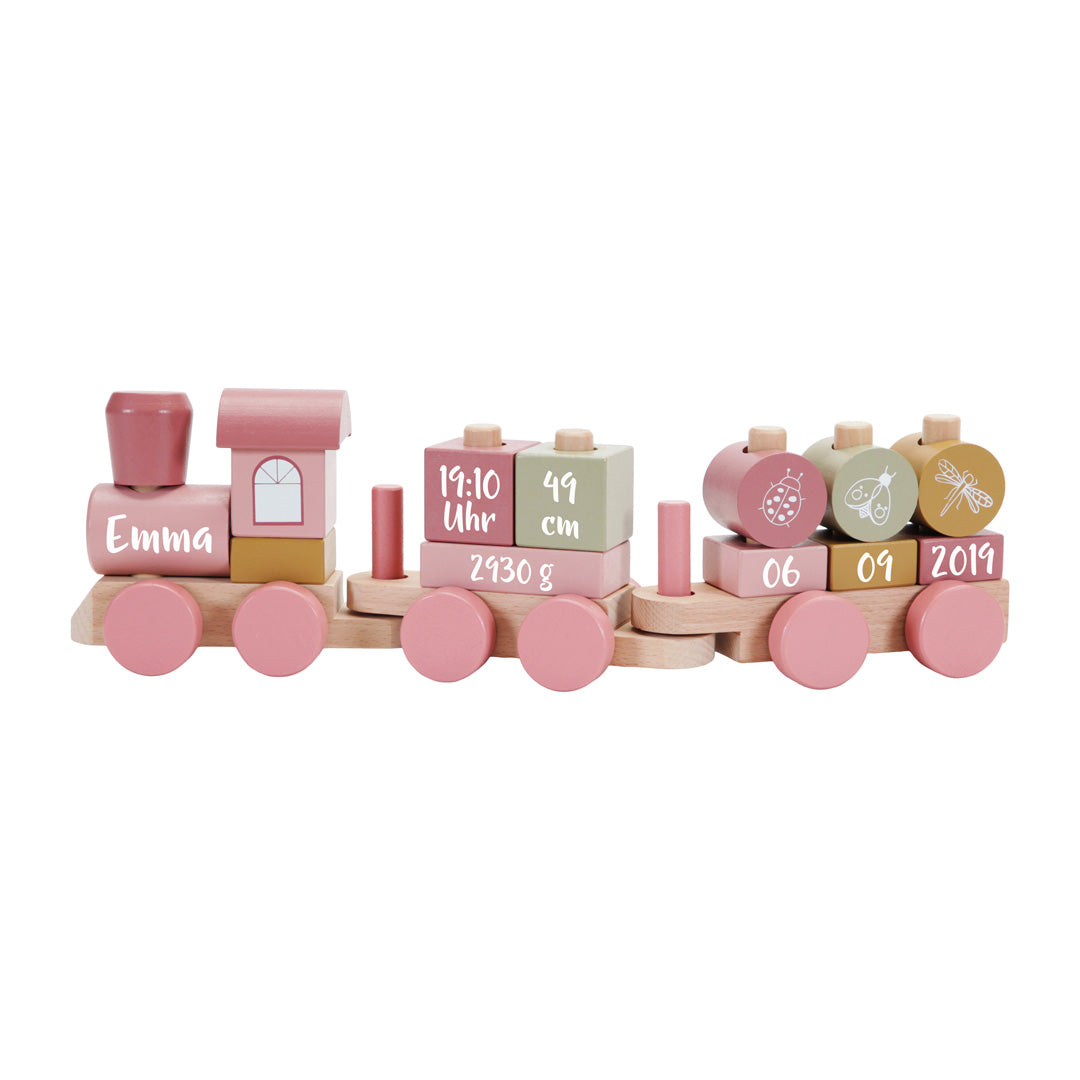 Personalisierter Holzzug in Rosa mit Name und vollständigen Geburtsdaten auf Lokomotive und Waggons