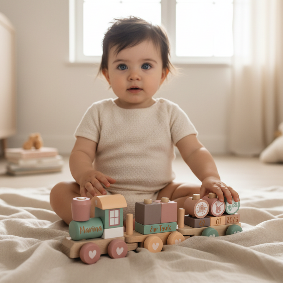 Baby mit personalisiertem Holzzug in Rosa als Geschenk zur Taufe – individuell mit Name und Taufdatum gestaltet