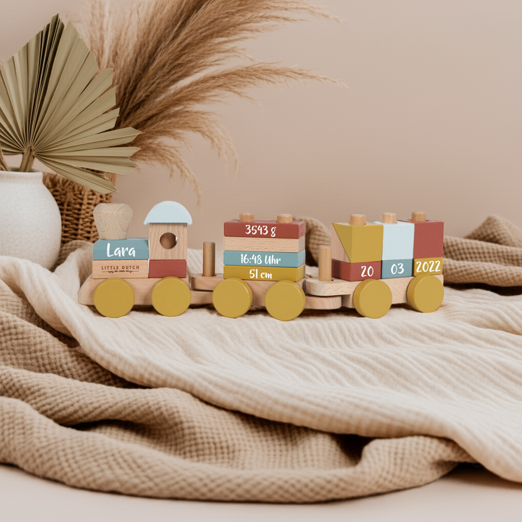 Personalisierter Holzzug zur Geburt mit Name, Geburtsdatum, Uhrzeit, Gewicht und Größe als individuelles Babygeschenk aus Holz